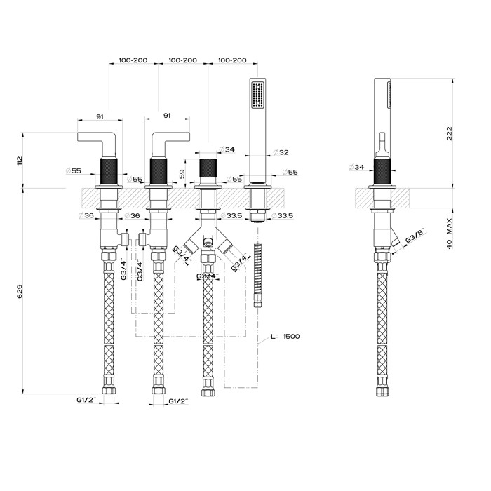 Смеситель для ванны на 4 отверстия для наполнения через слив-перелив, подключение на 1/2", переключатель, шланг 1,50 м, убирающа, Gessi Inciso, black xl арт. 58043#299