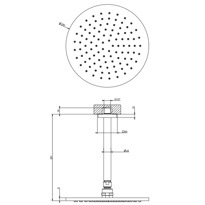 Потолочная душевая головка шарнирная на 1/2",d250 мм., Gessi Rilievo, хром арт. 59152#031