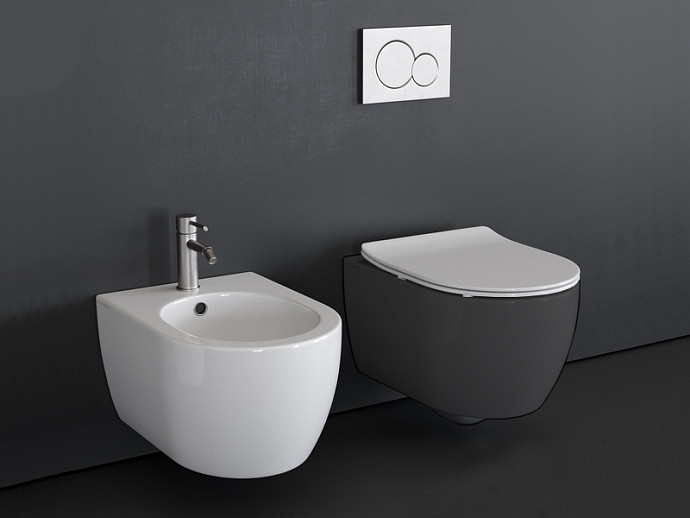 Унитаз подвесной, безободковый, цвет черный матовый с антибактериальным и грязеотталкивающим покрытием BIOKER, Scarabeo MOON - 5520/CL 49 BK