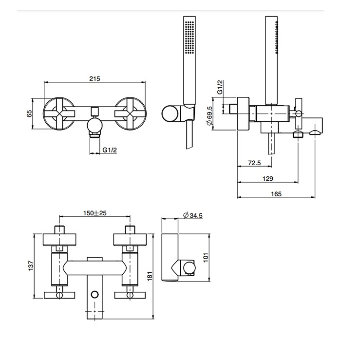Fima Carlo Frattini Смеситель для ванны, настенный, с ручным душем, Maxima, F5304NS цвет: черный