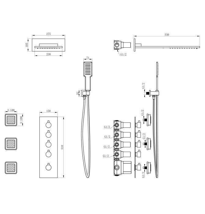 Душевая система с термостатом встраиваемая, Wonzon & Woghand, WW-D4100-MW цвет: белый