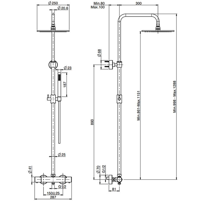 Fima Carlo Frattini Душевая стойка, верхний душ 25см., с термостатическим смесителем Spillo Tech, держателем и ручным душем, Colonne doccia, F4285T/R256XOR цвет: золото