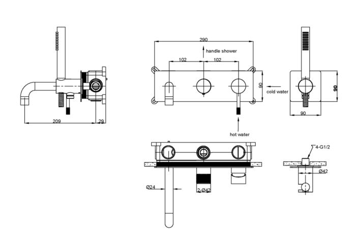 Смеситель встроенный + ручной душ + излив chrome, Boheme Uno - 464-3-CR