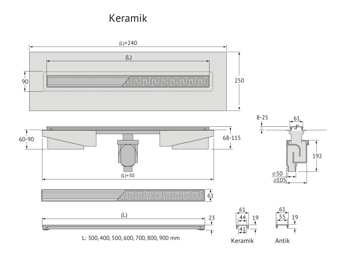 Душевой лоток BERGES В1 Keramik 900, хром глянец, S-сифон D50/105 H50, арт.091020