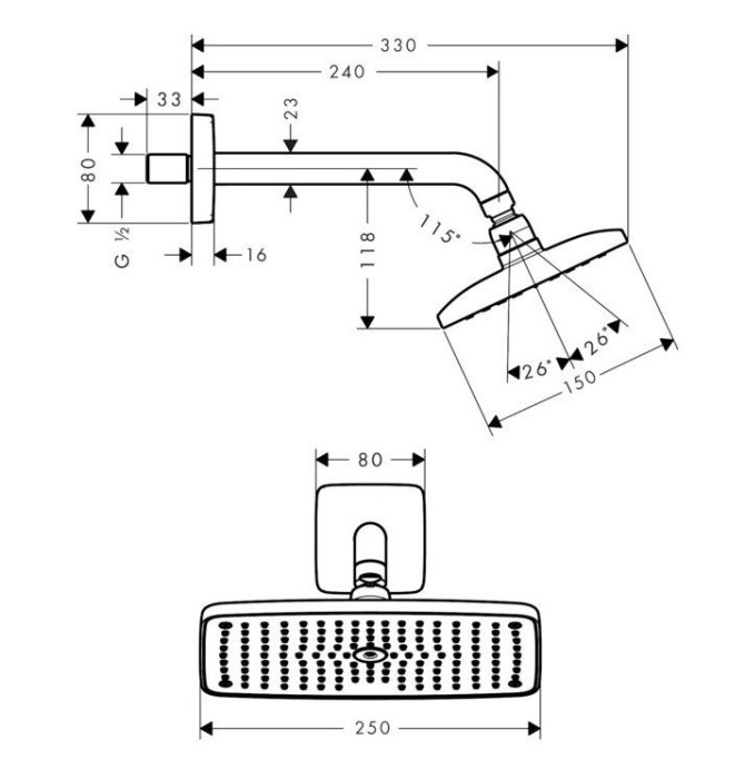 Верхний душ с настенным кронштейном Raindance E Hansgrohe, хром арт. 27375000