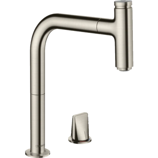 Смеситель для кухни, на 2 отверстия, с вытяжным изливом, Hansgrohe Metris Select M71, нержавеющая сталь арт. 73804800