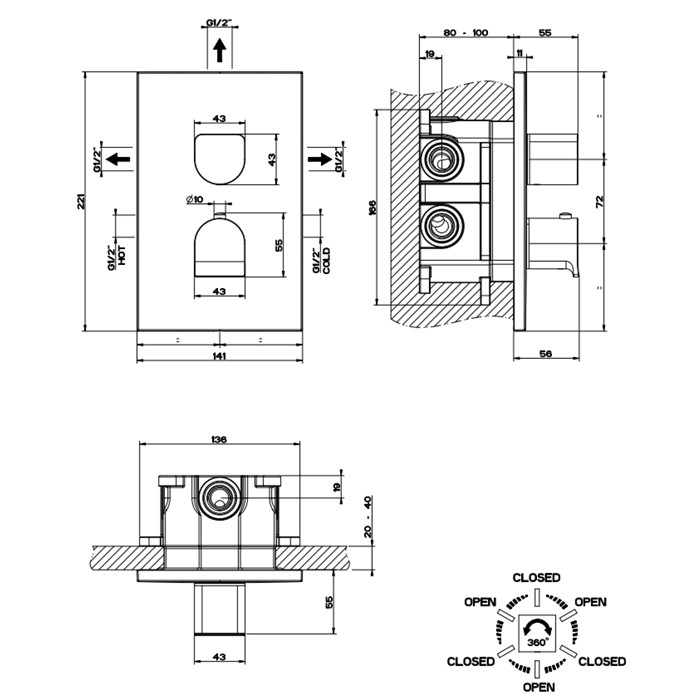 Встраиваемый смеситель для душа, термостатический, на 3 источника, Gessi Rilievo, хром арт. 59136#031