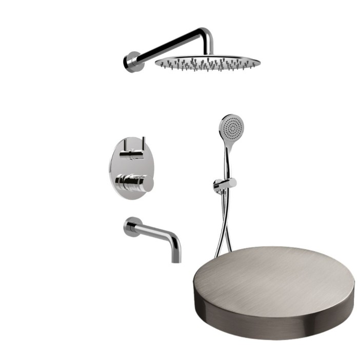Встраиваемый душевой комплект на 3 режима, однорычажный, с поворотным переключателем, ручной душ, излив, кронштейн, верхний душ d25 см, Giulini My ring, никель матовый арт. MR0070NKO
