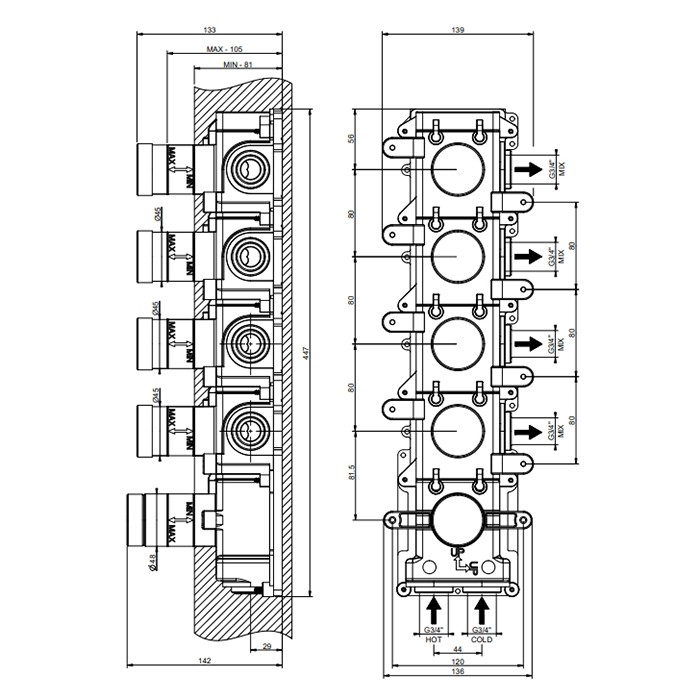 Встраиваемая часть термостатического смесителя (до 4-х источников), Gessi, арт. 09268#031
