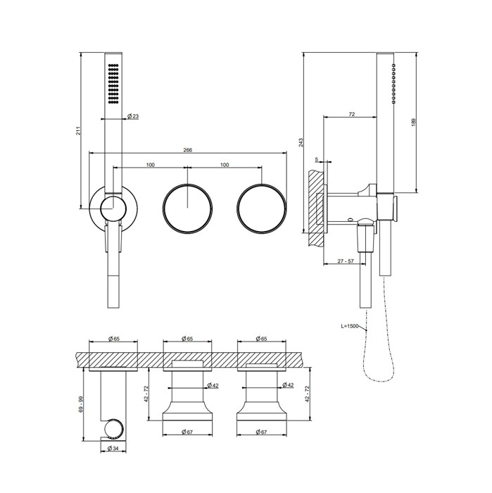 Смеситель для ванны встраиваемый на 2 выхода, с ручной лейкой, Gessi Origini, хром арт. 66036#031