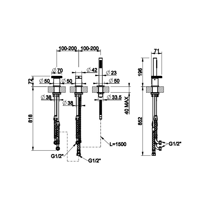 Смеситель для ванны на 3 отверстия, девиатор, шланг, лейка. Наполнение через слив-перелив, Gessi Anello, хром арт. 63347#031