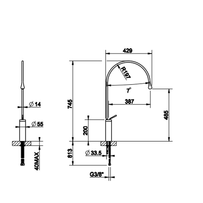 Смеситель для раковины на 1 отверстие, излив 387мм R=197, с фиксированным носиком, Gessi Goccia, хром арт. 33811#031