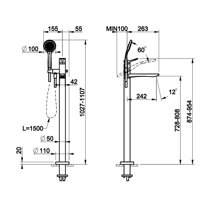 Смесителя для ванны, напольнный, с душевой лейкой, Gessi Rilievo, white cn арт. 59131#279