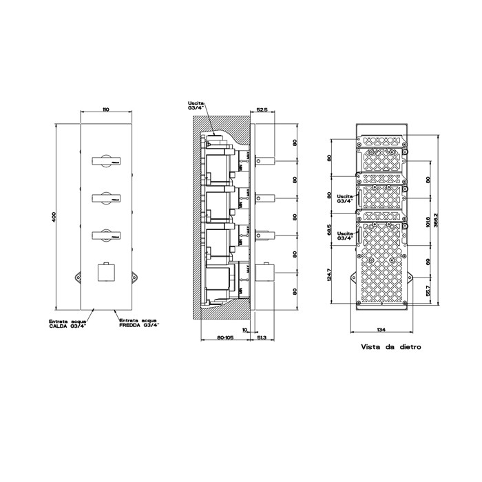 Смеситель для душа, встраиваемый, термостатический, подключение на 3/4”, с 3мя независимыми выходами, Gessi Rettangolo, black xl арт. 43026#299