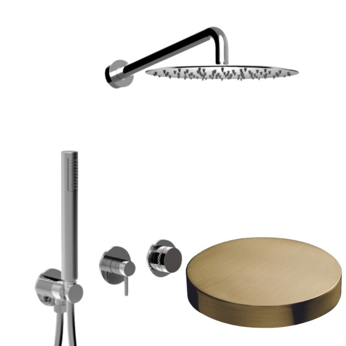 Встраиваемый душевой комплект на 2 режима, однорычажный, с поворотнымпереключателем, ручной душ, кронштейн, верхний душ d25 см, Giulini My ring deluxe, золото брашированное арт. MR0086DLEPOSP