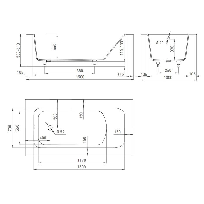Ванна встраиваемая 190x100, матовая, Salini ORLANDA KIT PLUS арт. 102114MRF