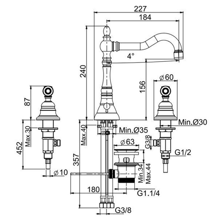 Fima Carlo Frattini Смеситель для раковины, на 3 отверстия, с поворотным изливом, с донным клапаном, Herend, F5401OR цвет: золото