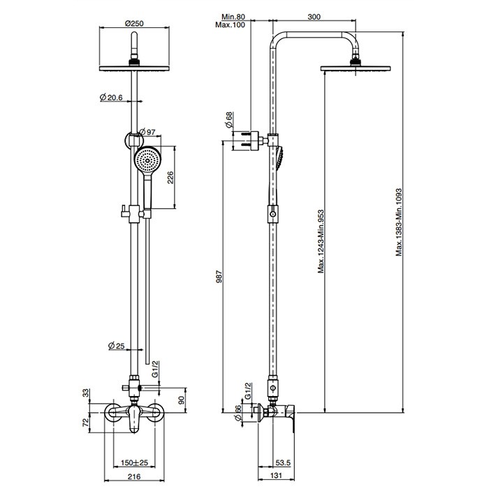 Fima Carlo Frattini Душевая стойка, верхний душ 25см., со смесителем, держателем и ручным душем, Colonne doccia, F3835/2CR цвет: хром