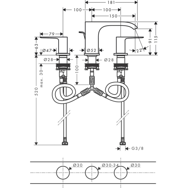 Смеситель для раковины на 3 отверстия со сливным гарнитуром, Hansgrohe Vivenis, черный арт. 75033670