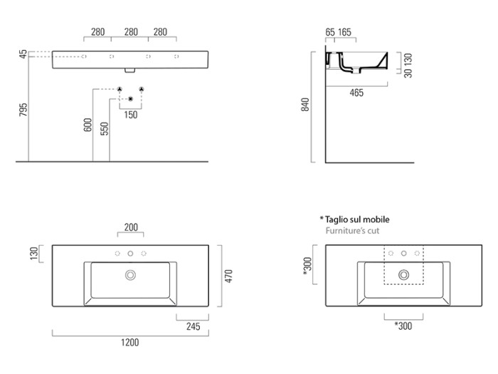 Подвесная раковина 120х47х13 см, санфаянс, Kube-x GSI арт. 9452111