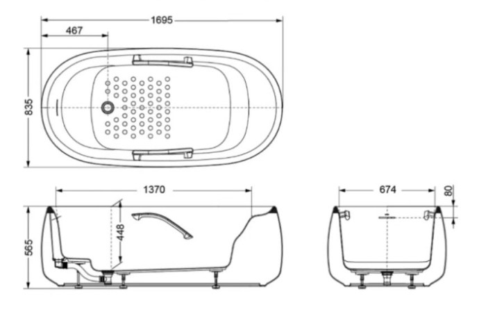Ванна из искусственного камня TOTO Flotation PJY1744 170х83см отдельностоящая, с ручками, цвет белый