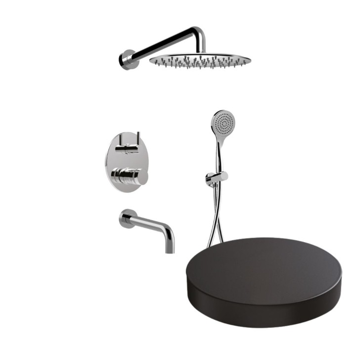 Встраиваемый душевой комплект на 3 режима, однорычажный, с поворотным переключателем, ручной душ, излив, кронштейн, верхний душ d25 см, Giulini My ring, черный матовый арт. MR0070NO