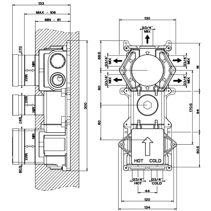 Внутренняя часть встраиваемого термостатического смесителя с 5ю выходами и селектором, Gessi, хром арт. 43111#031
