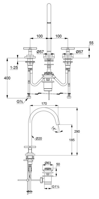 Смеситель для умывальника на 3 отверстия, nova fonte Kludi, хром - 201430520