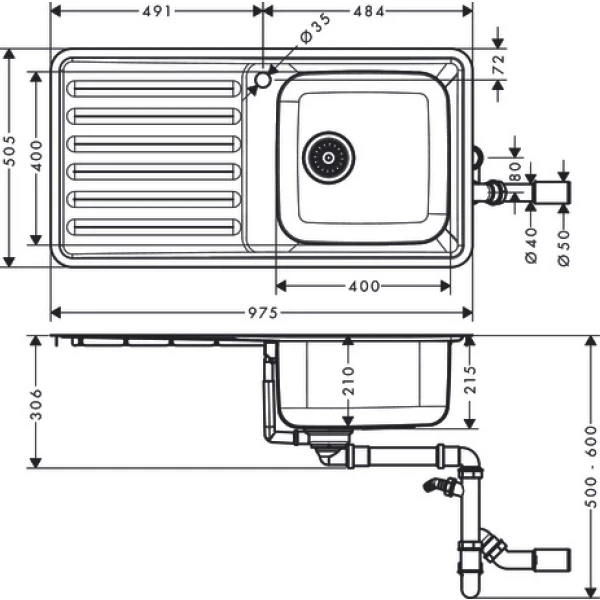 Раковина для кухни, врезная с крылом, Hansgrohe S41, нержавеющая сталь арт. 43341800