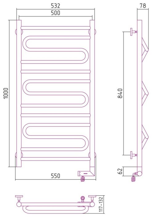 Сунержа Электрический полотенцесушитель 1000x300, Элегия 2.0, 00-5219-1050 цвет: без покрытия