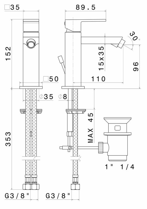 Смеситель однорычажный для биде с донным клапаном 3/8, Futura Kerama Marazzi, черный - 66425KM.01.093