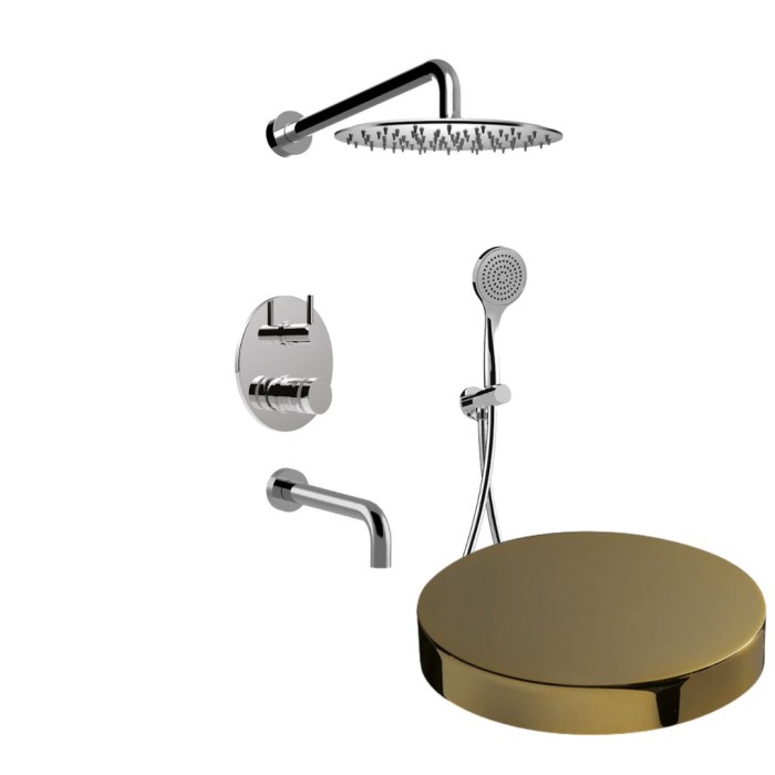 Встраиваемый душевой комплект на 3 режима, однорычажный, с поворотным переключателем, ручной душ, излив, кронштейн, верхний душ d25 см, Giulini My ring, золото арт. MR0070O
