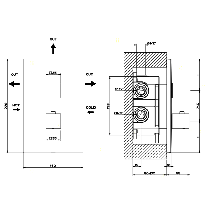 Встраиваемый термостатический смеситель, подключение на 3/4”, с переключателем на 3 выхода, Gessi Rettangolo, хром арт. 20190#031