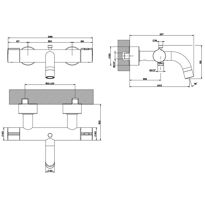 Смеситель для ванны, подвесной, термостатический, с автоматическим переключателем ванна-душ, Gessi Emporio Via tortona, black xl арт. 18711#299