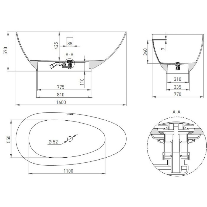 Ванна отдельностоящая 160x77, глянцевая, Salini PAOLA арт. 101511GRH
