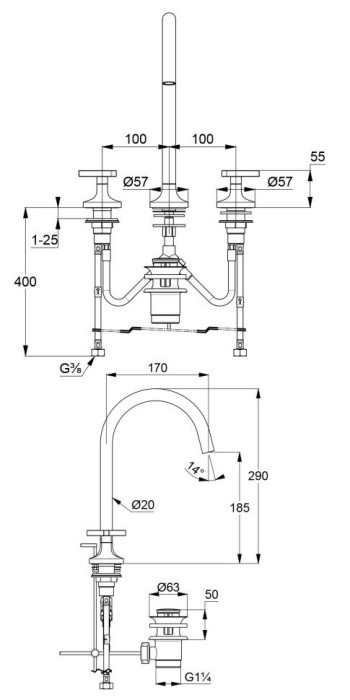 Смеситель для умывальника на 3 отверстия, nova fonte Kludi, хром - 201430539
