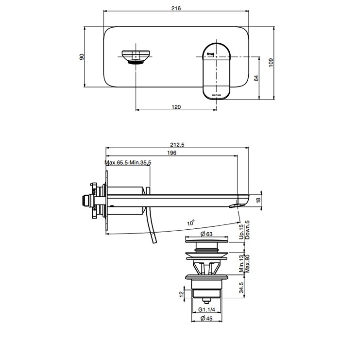 Fima Carlo Frattini Cмеситель для раковины, встраиваемый, излив: 19.6см., Flo, F3821WLX5OR цвет: золото