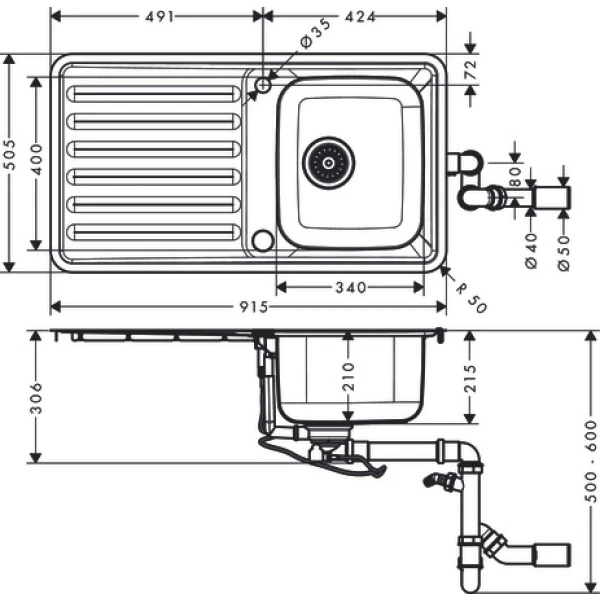 Раковина для кухни, врезная с левым крылом, Hansgrohe S41, нержавеющая сталь арт. 43337800