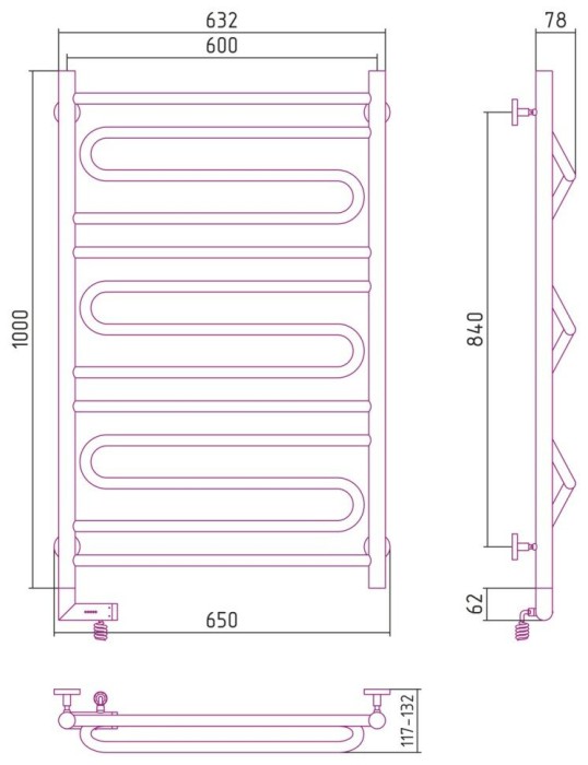 Сунержа Электрический полотенцесушитель 1000x300, Элегия 2.0, 00-5218-1060 цвет: без покрытия