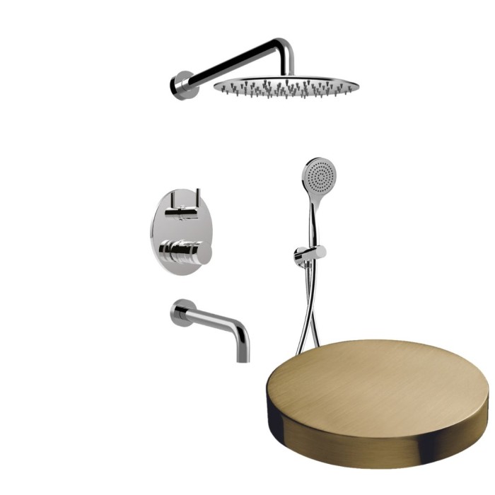 Встраиваемый душевой комплект на 3 режима, однорычажный, с поворотным переключателем, ручной душ, излив, кронштейн, верхний душ d25 см, Giulini My ring, золото брашированное арт. MR0070OSP