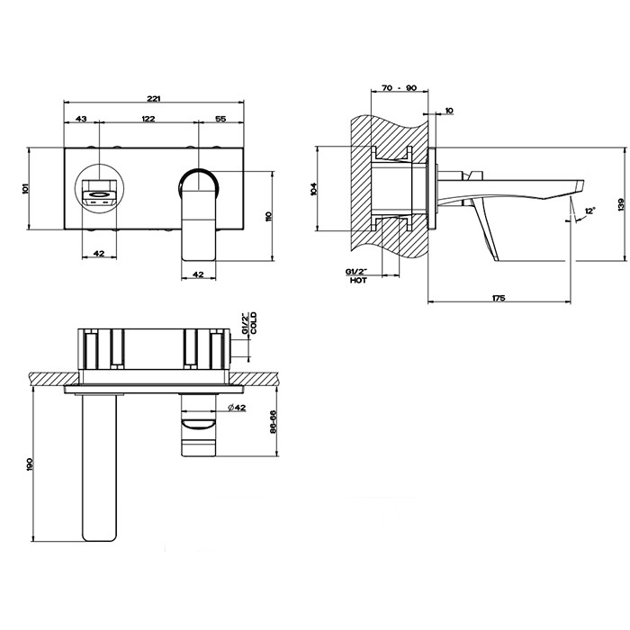 Встраиваемый смеситель для раковины с изливом 175мм, Gessi Rilievo, nero xl арт. 59092#299