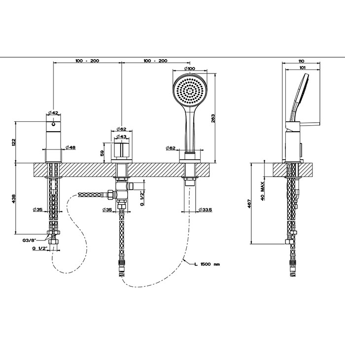 Смеситель для ванны, на 3 отв., наполнение через слив-перелив, лейка, Gessi Emporio Via tortona, black xl арт. 18643#299