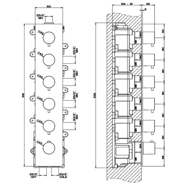 Встраиваемый термостатический смеситель на 5 источников, резьба 3/4", Gessi 316, brushed black metal pvd арт. 54520#707