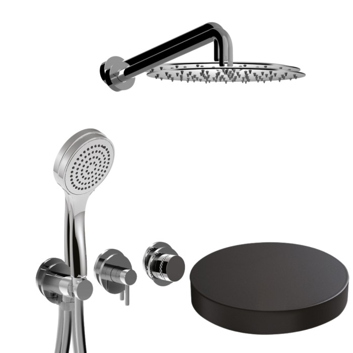 Встраиваемый душевой комплект на 2 режима, однорычажный, с поворотным переключателем, ручной душ, кронштейн, верхний душ d25 см, Giulini My ring deluxe, черный матовый арт. MR0086DLNO