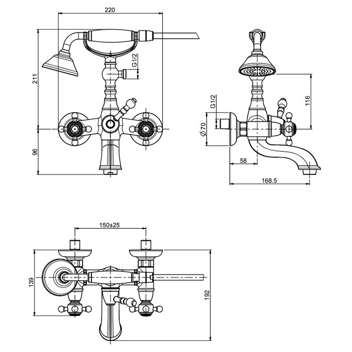 Fima Carlo Frattini Смеситель для ванны, настенный, с ручным душем, Elizabeth, F5084OR цвет: золото