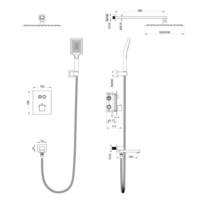 Душевая система с термостатом встраиваемая, Wonzon & Woghand, WW-88929003-BN цвет: никель