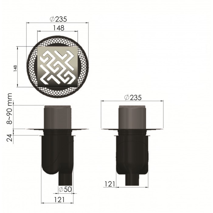Душевой трап BERGES PLATZ Antik 150х150, матовый хром, S-сифон D50/105 H50, арт.090061