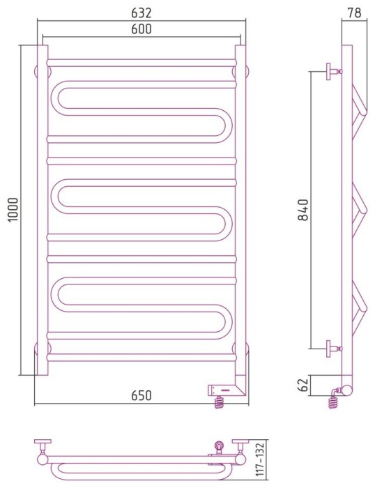 Сунержа Электрический полотенцесушитель 1000x300, Элегия 2.0, 00-5219-1060 цвет: без покрытия