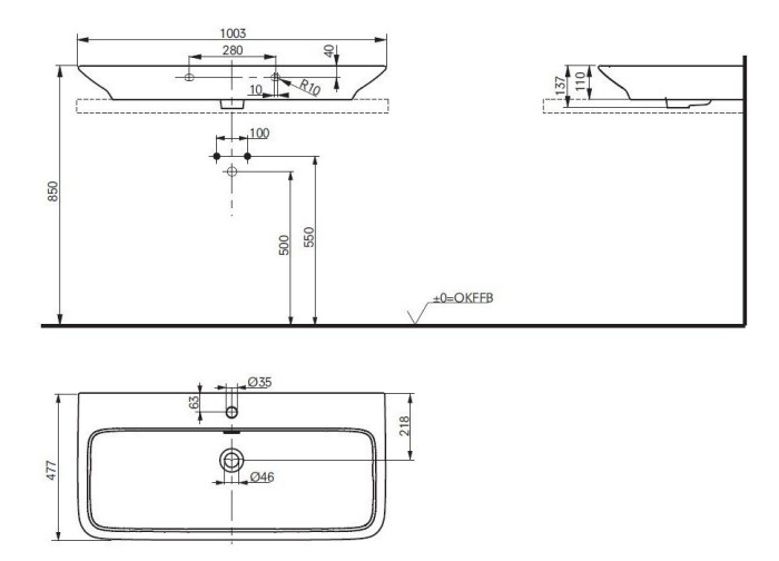 Раковина 100х45 см, накладная, MH TOTO, LW10069G цвет: белый