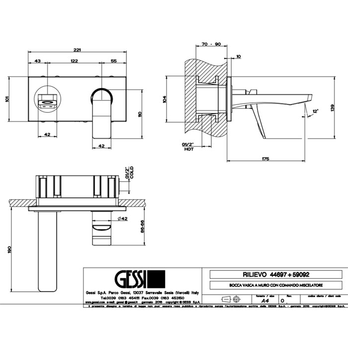 Встраиваемый смеситель для раковины с изливом 175мм, Gessi Rilievo, хром арт. 59092#031